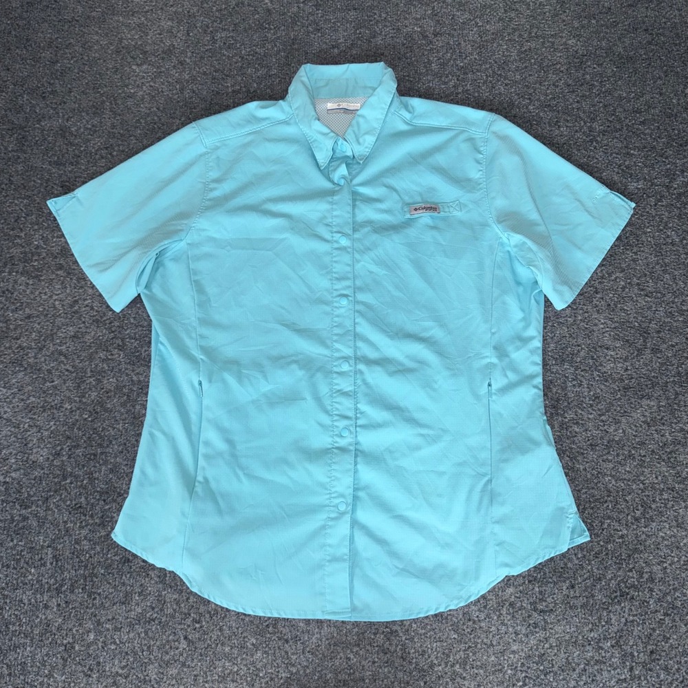 Columbia PFG Womens Large Blue Short Sleeve Snap Button Fishing Shirt Outdoor